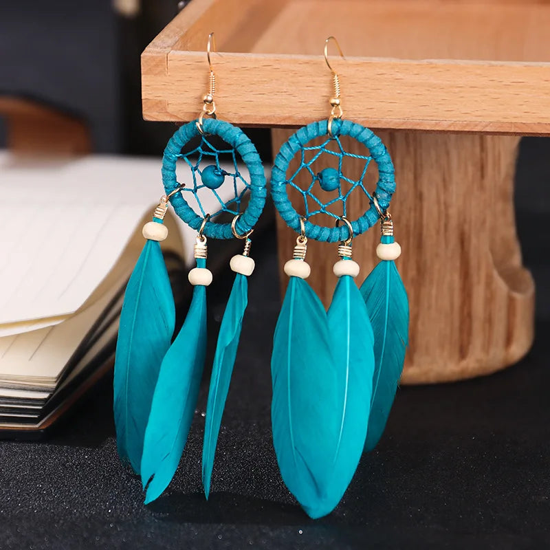 Aretes Colgantes Atrapasueños y Plumas azul