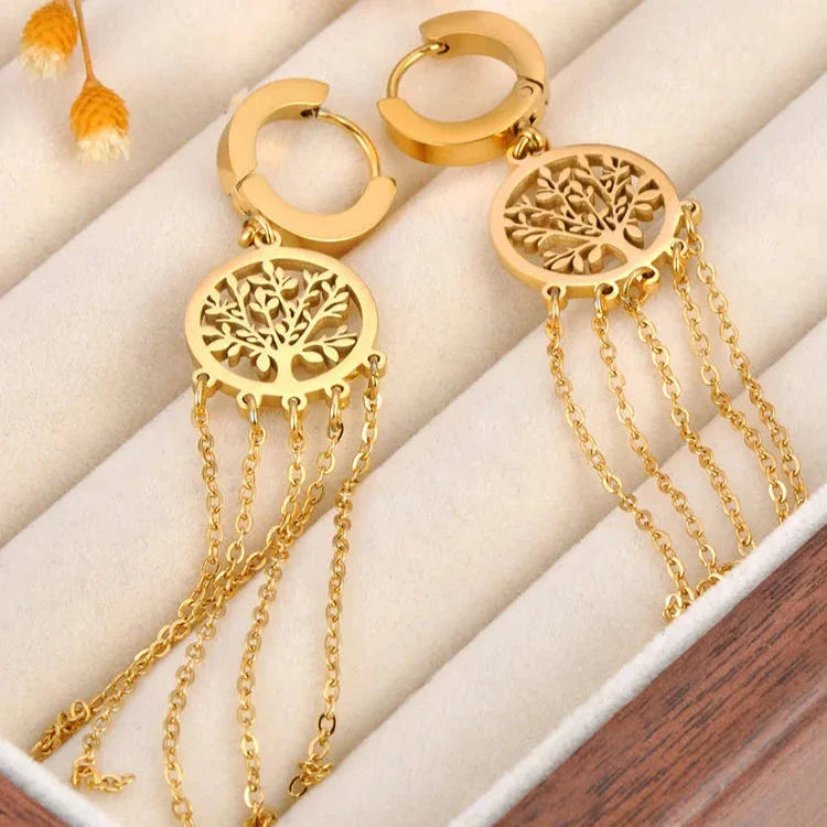 Aretes Colgantes con Árbol de la Vida en oro