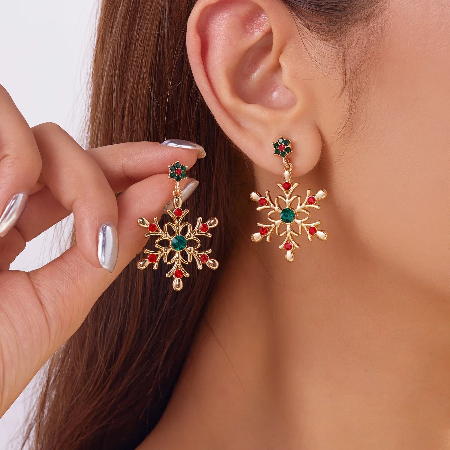 Aretes Colgantes con Copo de Nieve rojo y verde