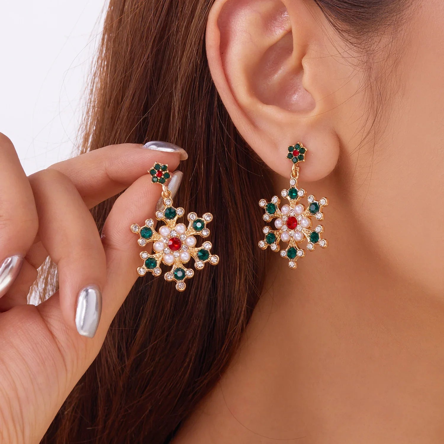 Aretes Colgantes con Copo de Nieve verde y blanco