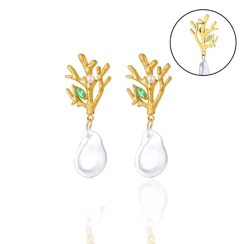 Aretes Colgantes de Coral con Perla y Circonio verde