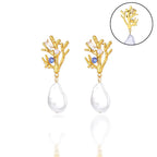 Aretes Colgantes de Coral con Perla y Circonio azul