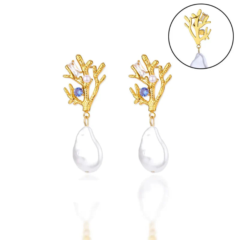 Aretes Colgantes de Coral con Perla y Circonio azul