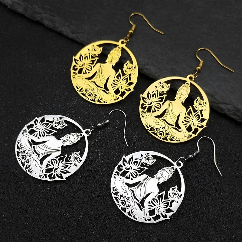 Aretes Colgantes Buda y Flor de Loto oro