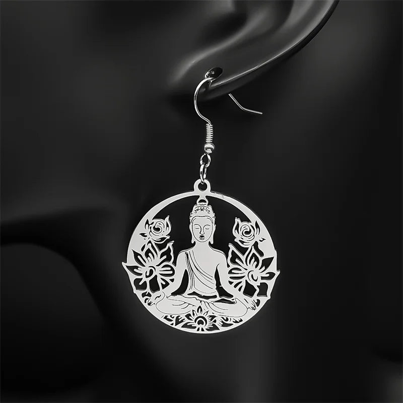 Aretes Colgantes Buda y Flor de Loto plata