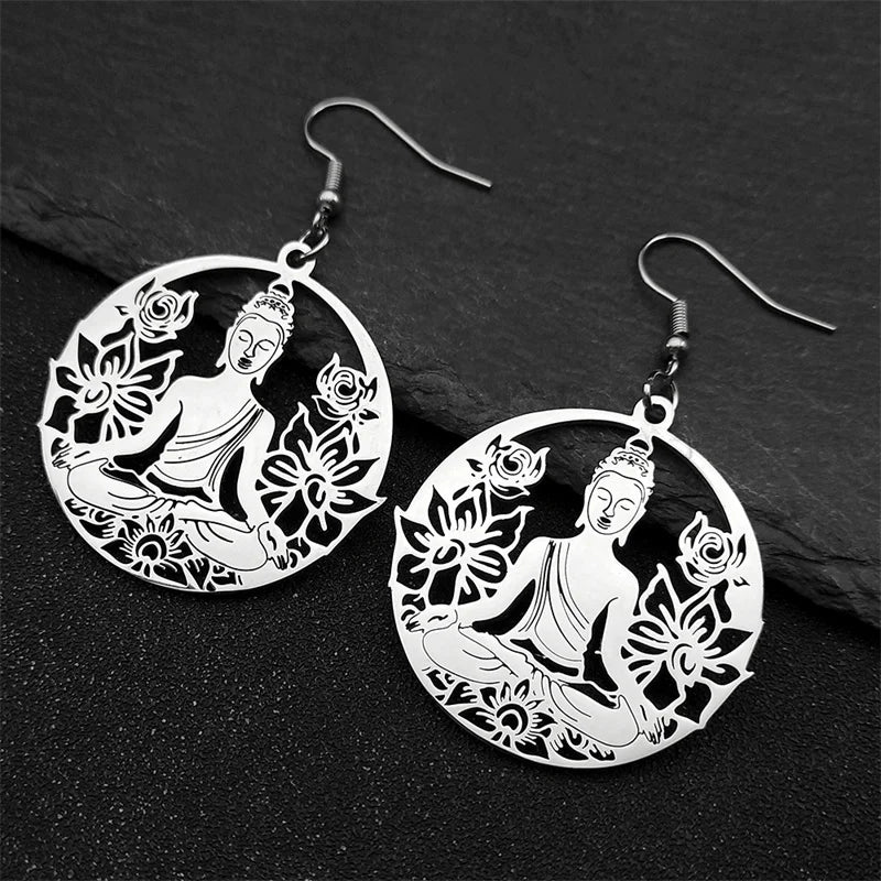 Aretes Colgantes Buda y Flor de Loto plata
