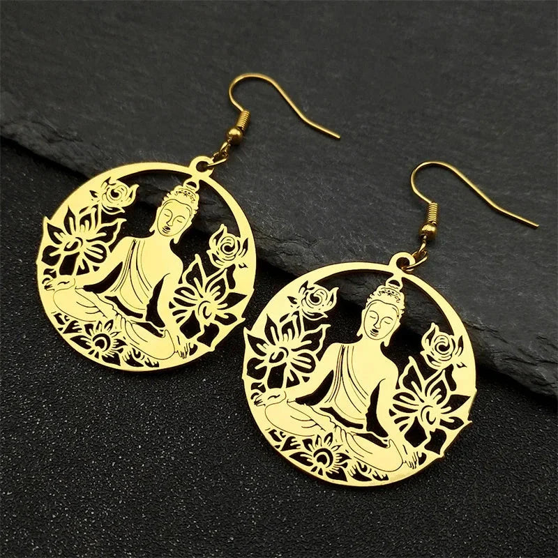 Aretes Colgantes Buda y Flor de Loto oro