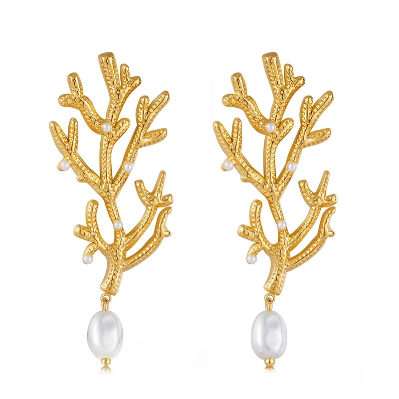 Aretes Colgantes de Coral y Perlas Blancas