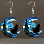 Aretes Colgantes de Media Luna azul y gato negro