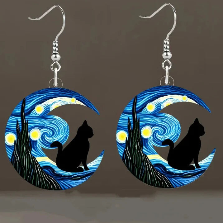 Aretes Colgantes de Media Luna azul y gato negro