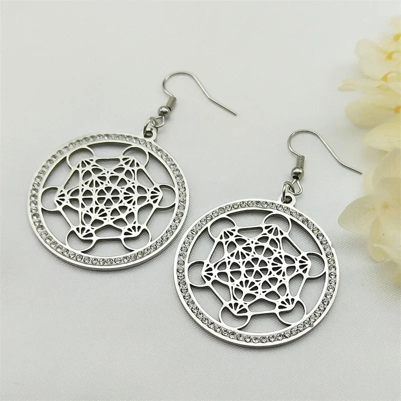 Aretes Colgantes Cubo de Metatrón plata