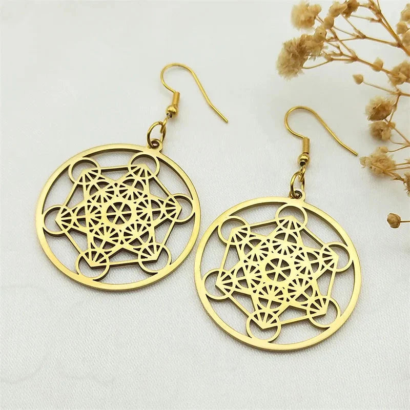 Aretes Colgantes Cubo Metatrón dorados