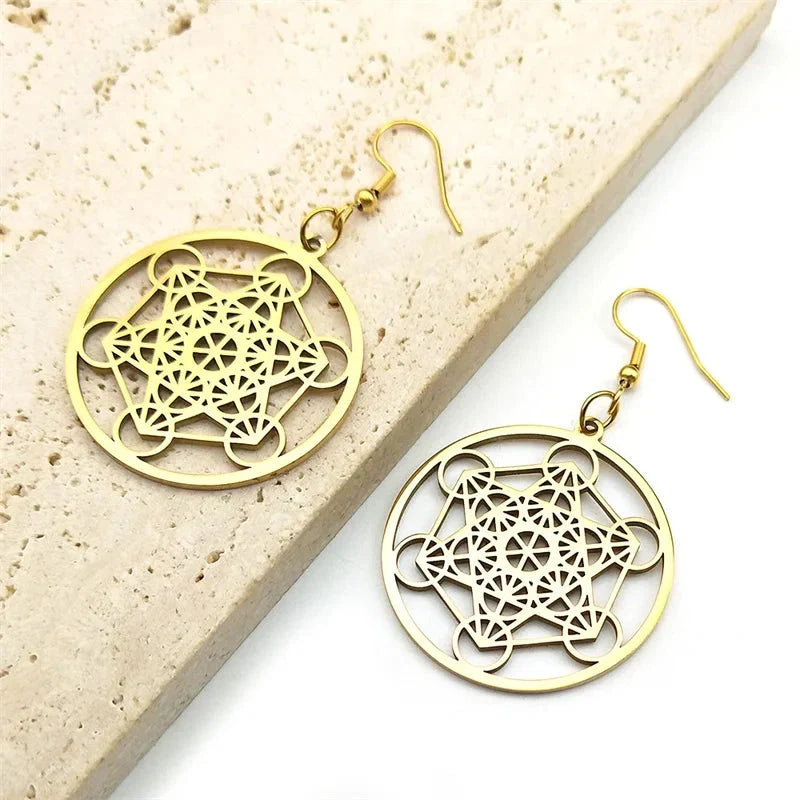 Aretes Colgantes Cubo Metatrón dorados