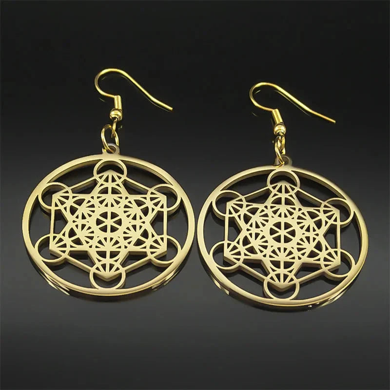 Aretes Colgantes Cubo Metatrón dorados