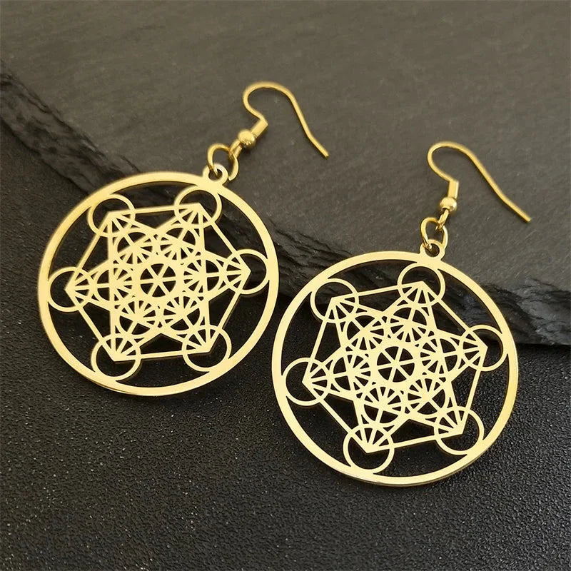 Aretes Colgantes Cubo Metatrón dorados