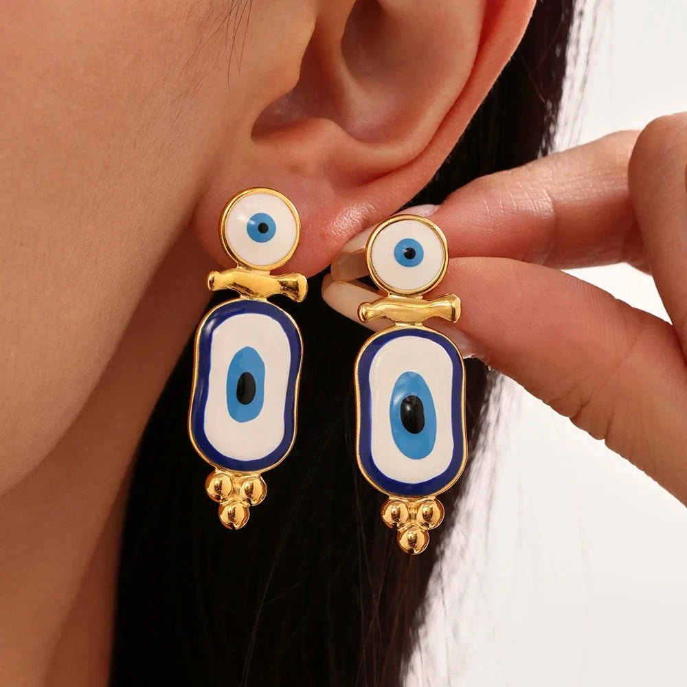 Aretes Colgantes Étnicos Ojo Azul oro