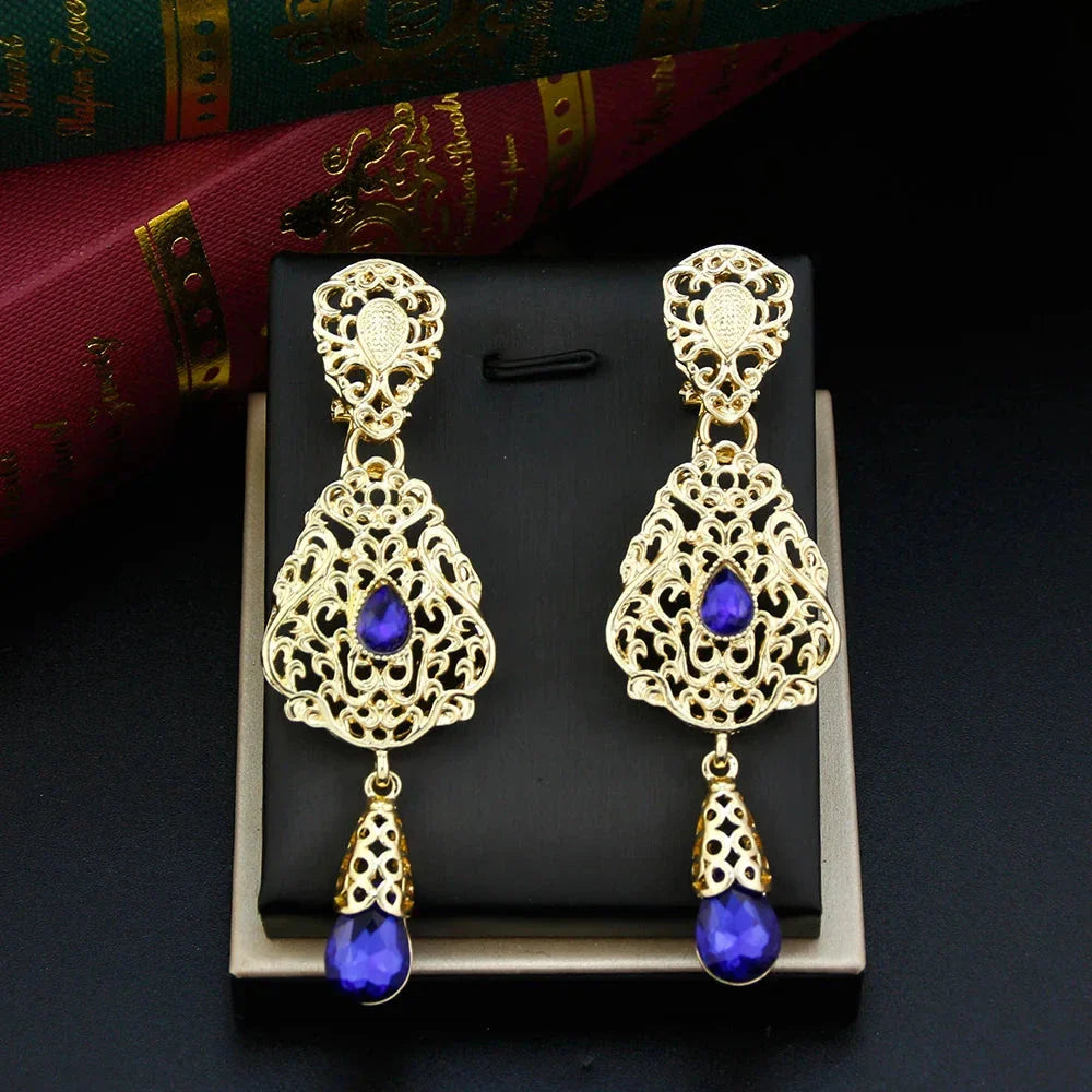 Aretes Colgantes Étnicos Orientales azul oscuro