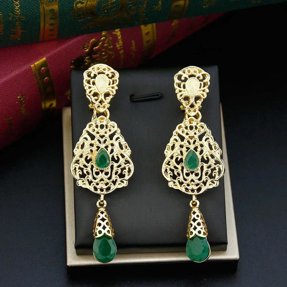 Aretes Colgantes Étnicos Orientales verde oscuro