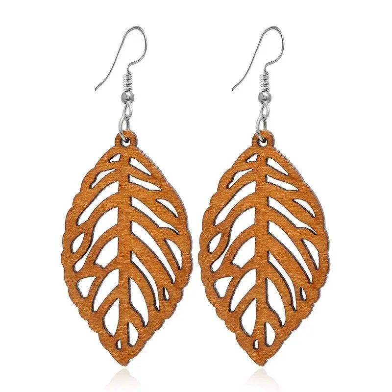Aretes Colgantes de Hoja de Laurel en Madera