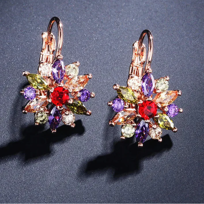 Aretes Colgantes Flor de Circonia multicolor