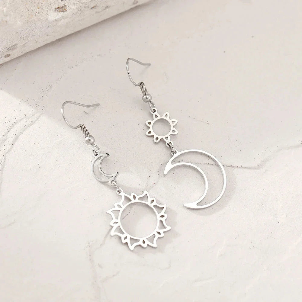Aretes Colgantes Luna y Sol plata
