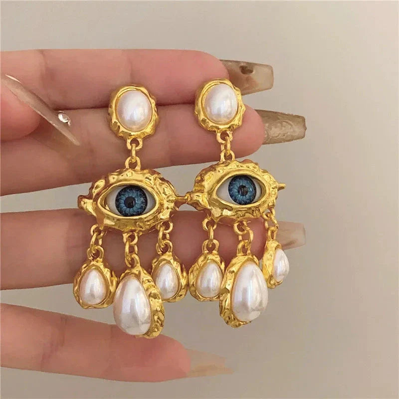 Pendientes Colgantes Ojo Azul y Perlas en oro