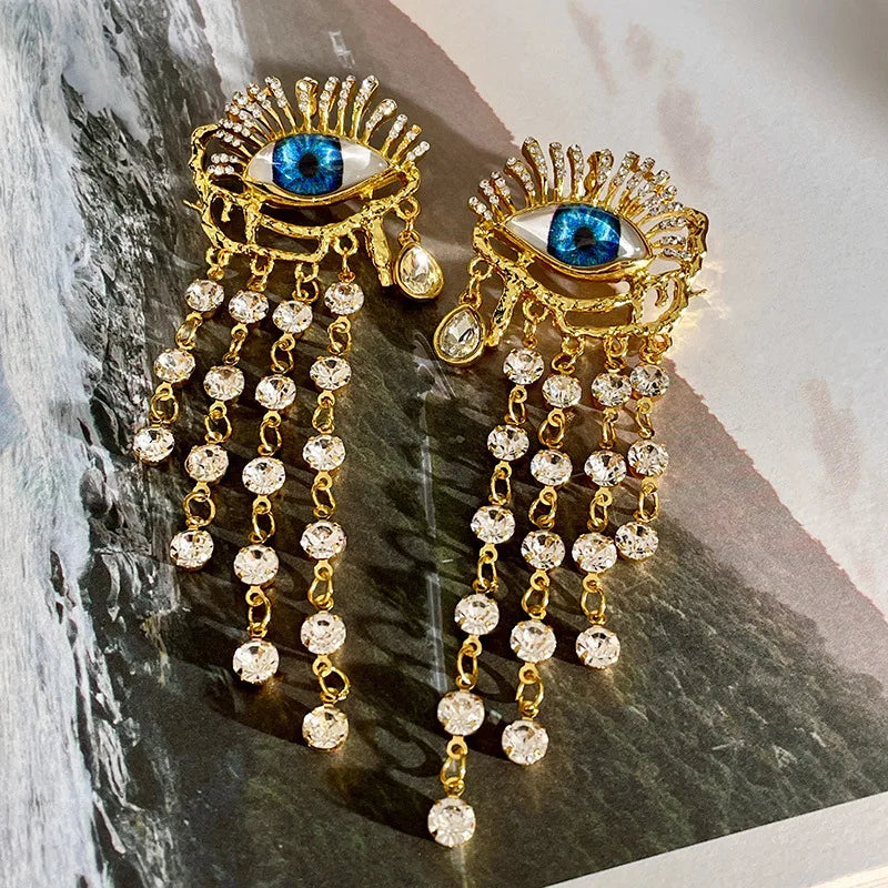 Pendientes Colgantes Ojo Azul y Strass