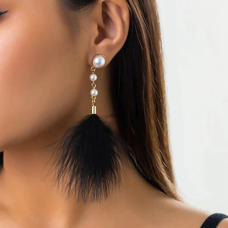 Pendientes Colgantes con Perlas y Plumas 3