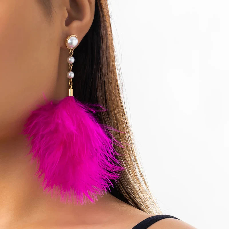 Pendientes Colgantes con Perlas y Plumas 6