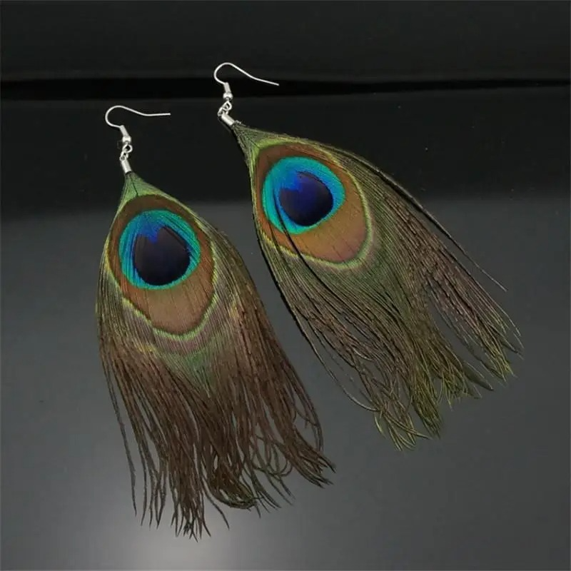 Aretes Colgantes Plumas de Pavo Real