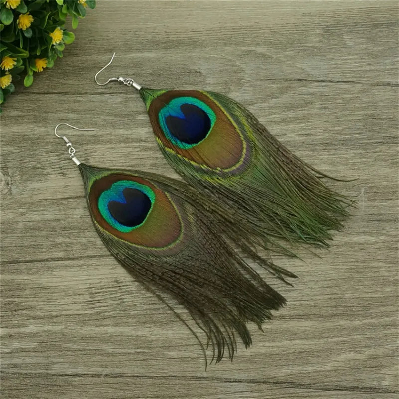 Aretes Colgantes Plumas de Pavo Real