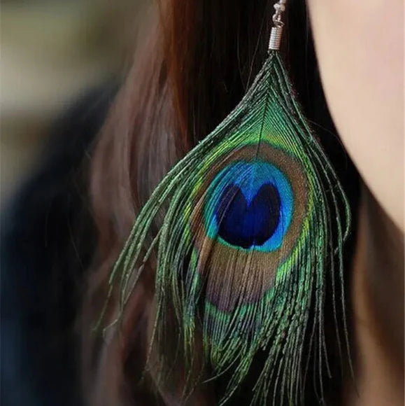Aretes Colgantes Plumas de Pavo Real
