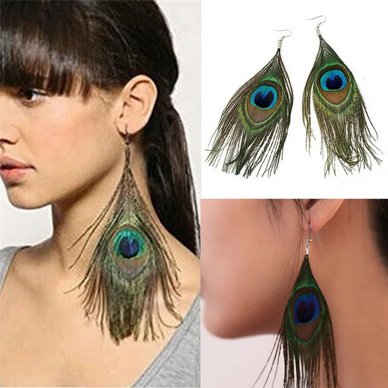 Aretes Colgantes Plumas de Pavo Real