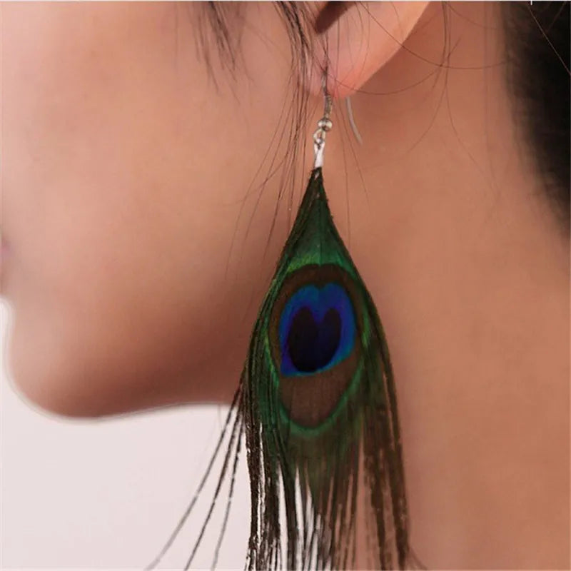Aretes Colgantes Plumas de Pavo Real
