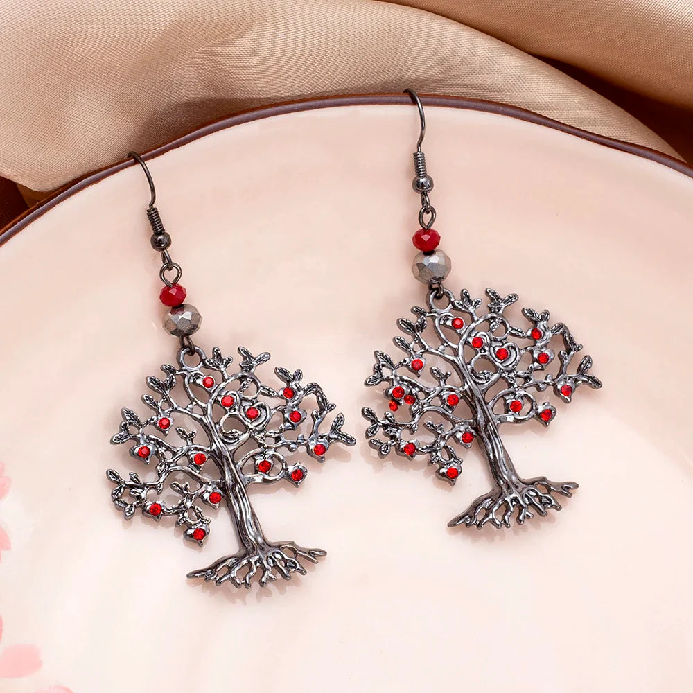 Aretes Colgantes para Mujer Árbol de la Vida rojo