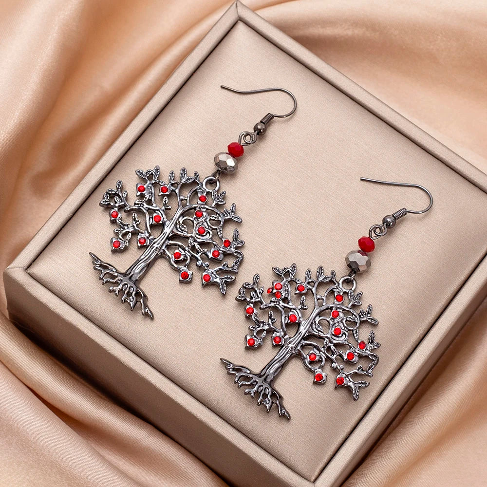 Aretes Colgantes para Mujer Árbol de la Vida rojo