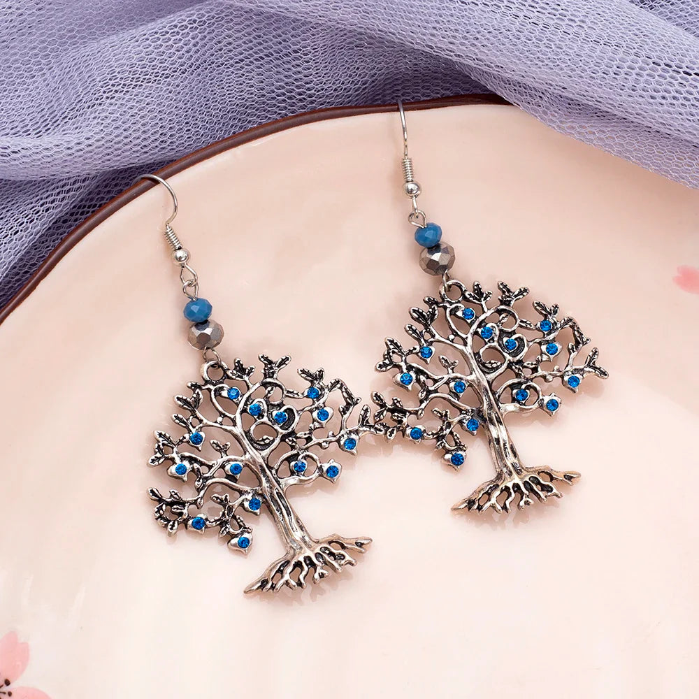 Aretes Colgantes para Mujer Árbol de la Vida azul