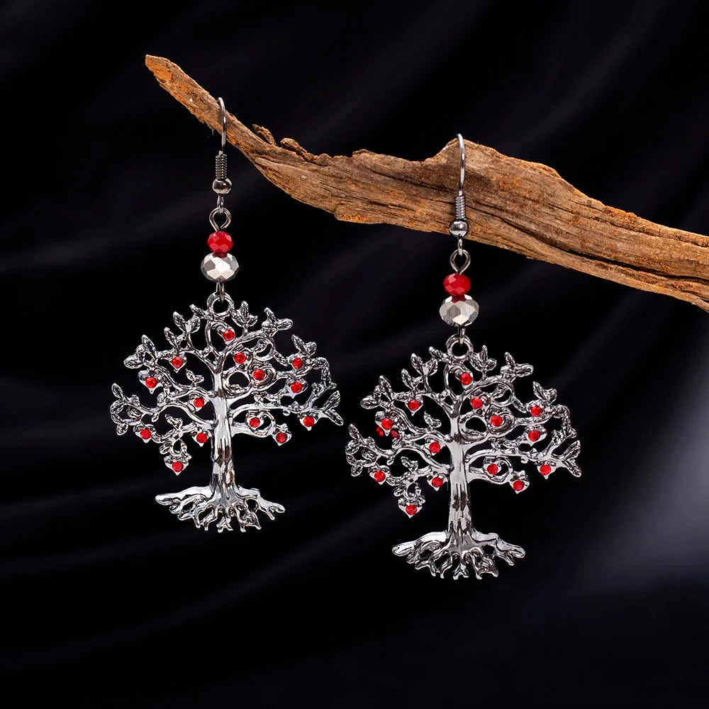 Aretes Colgantes para Mujer Árbol de la Vida rojo