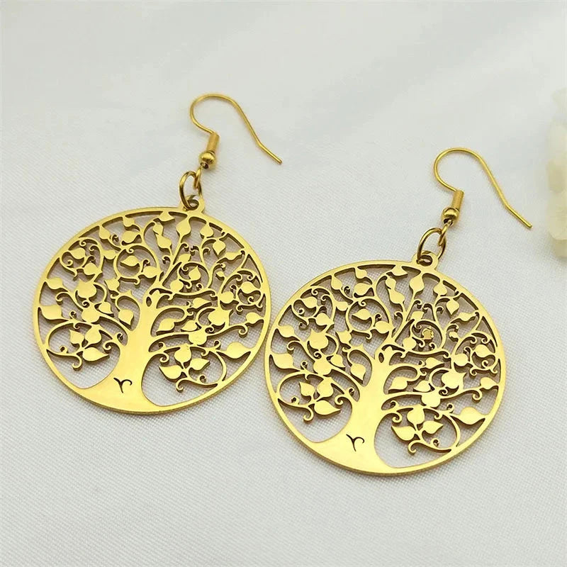 Aretes Colgantes Redondos Árbol de la Vida oro