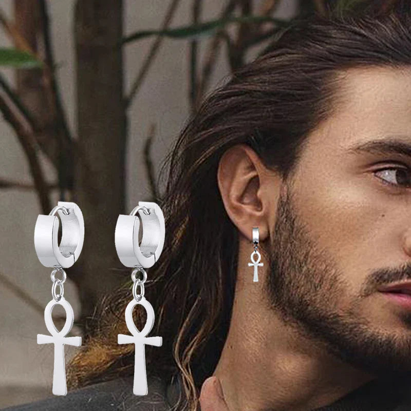 Aretes Colgantes Estilo Egipcio Cruz Ankh de plata