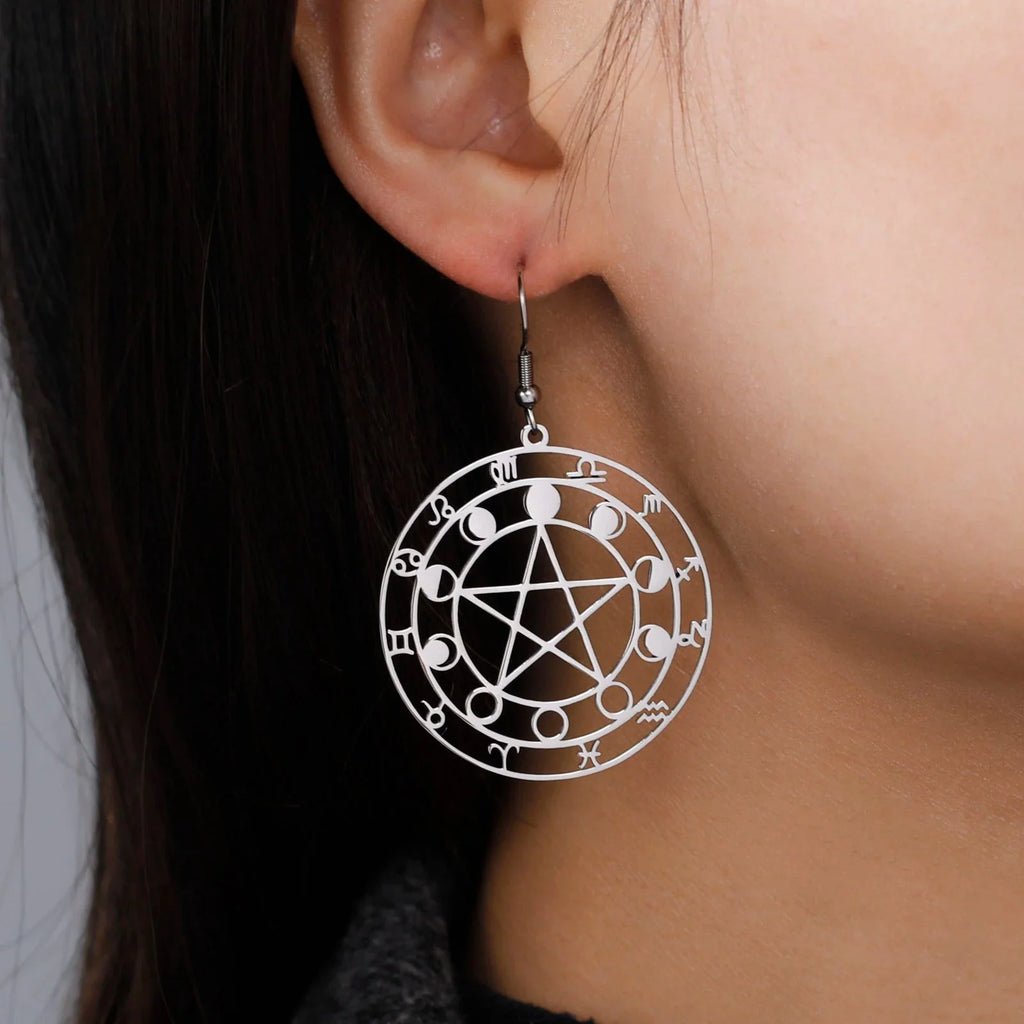 Aretes Colgantes de Pentáculo Hechicería Wicca para Mujer en plata