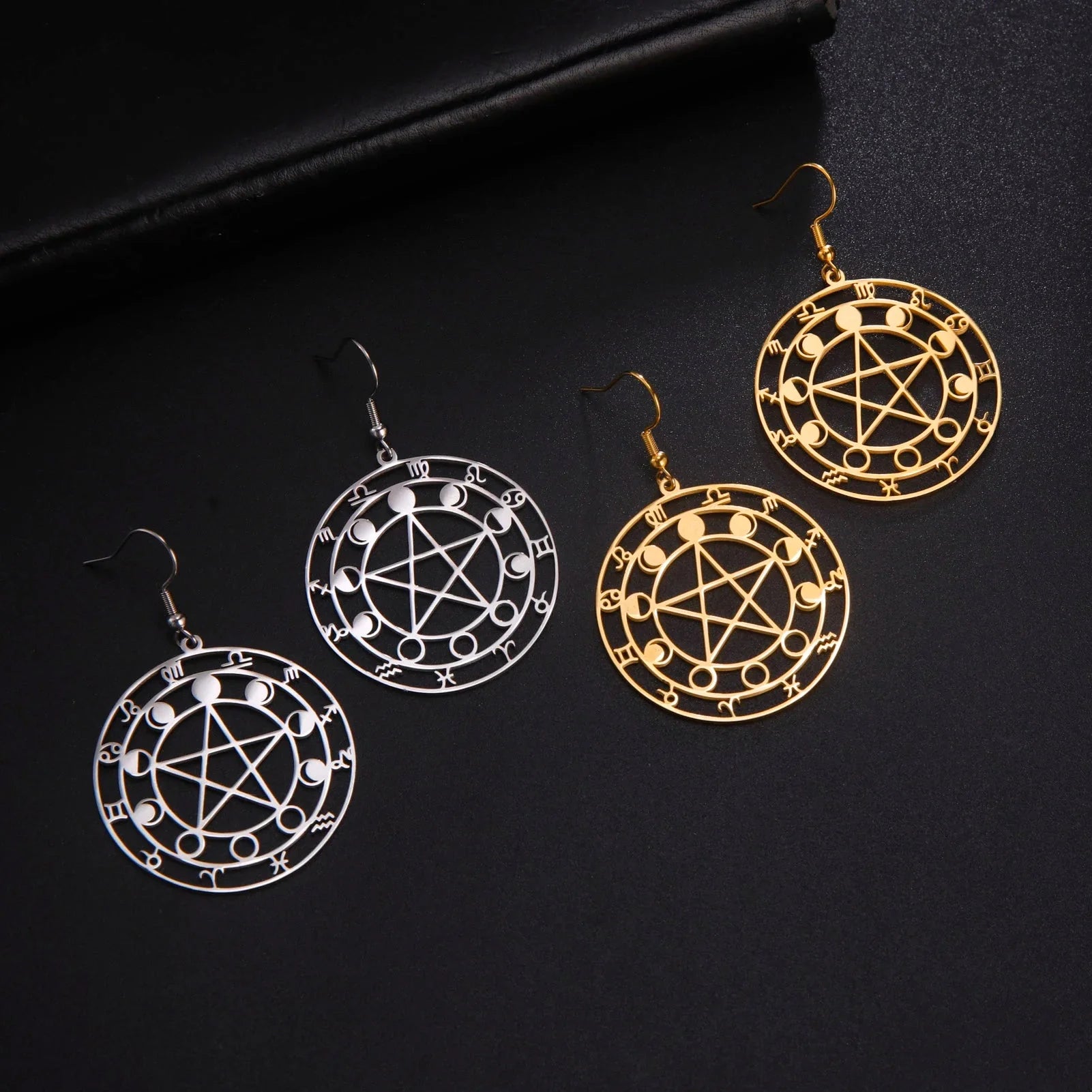 Aretes Colgantes de Pentáculo Hechicería Wicca para Mujer en oro