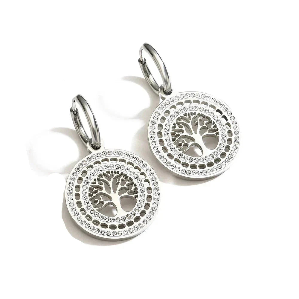 Aretes Colgantes Redondos Árbol de la Vida plata