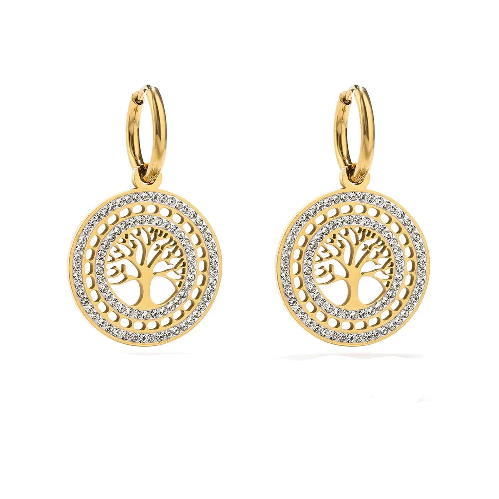 Aretes Colgantes Redondos Árbol de la Vida oro