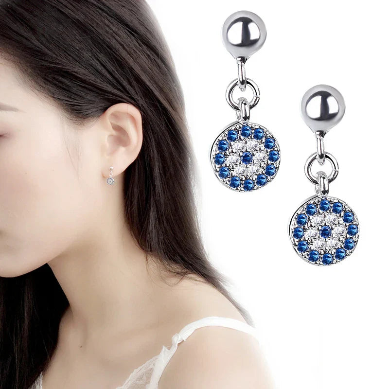 Aretes Redondos Ojo Turco Azul Mal de Ojo con Cristal