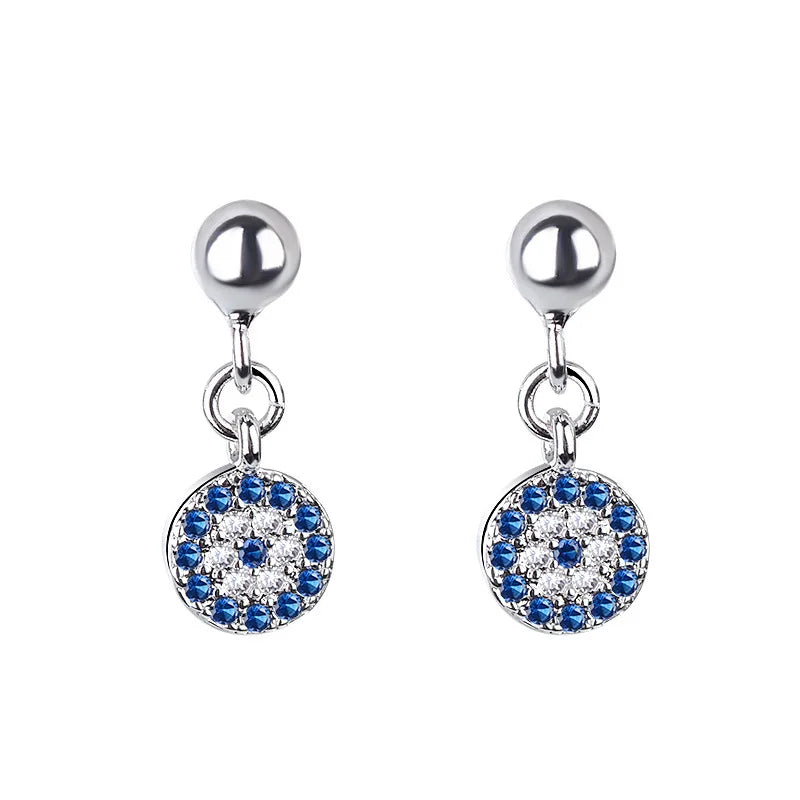 Aretes Redondos Ojo Turco Azul Mal de Ojo con Cristal