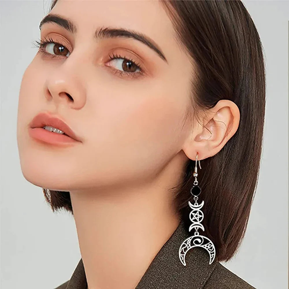 Aretes Colgantes Triple Luna Hechicería Wicca Mujer