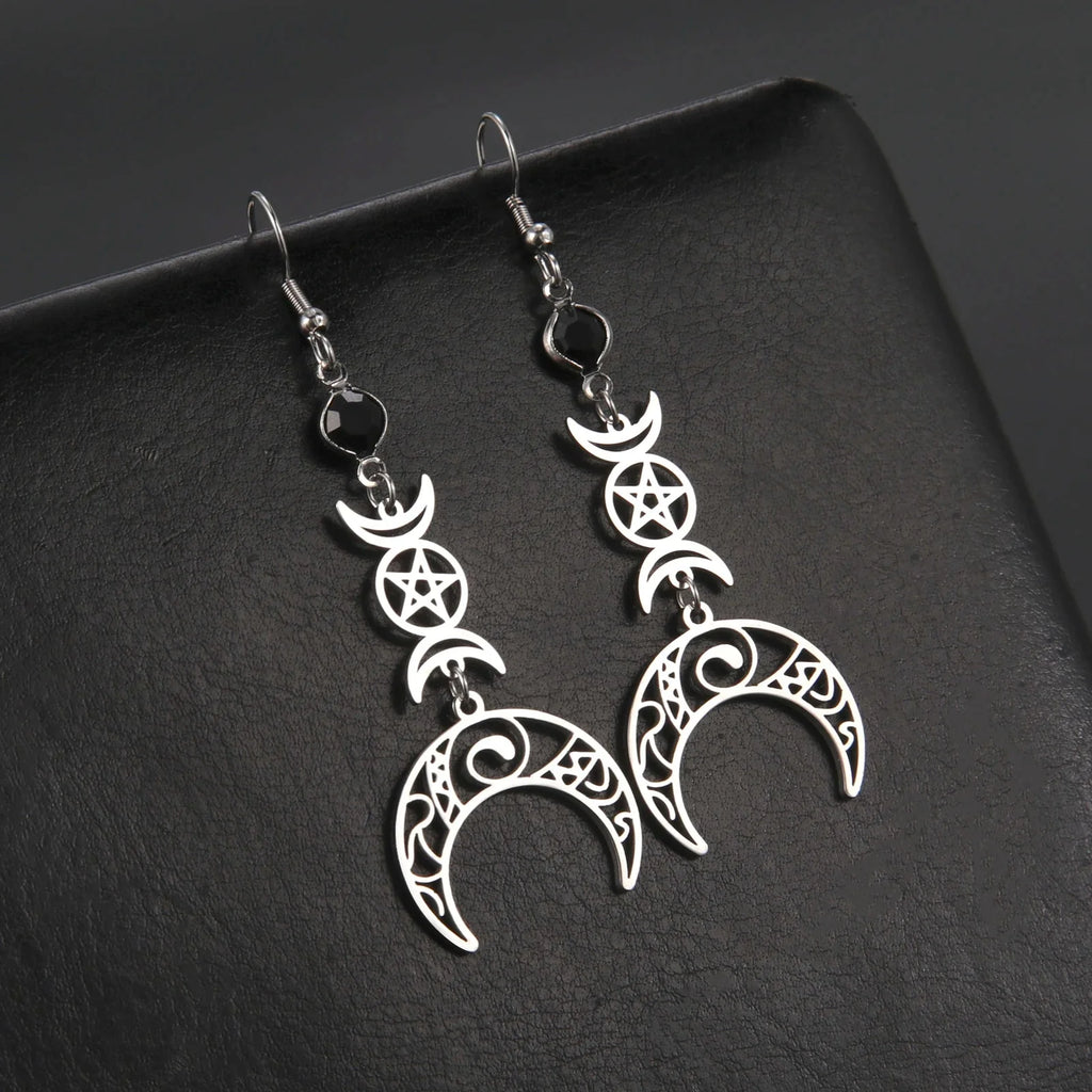 Aretes Colgantes Triple Luna Hechicería Wicca Mujer