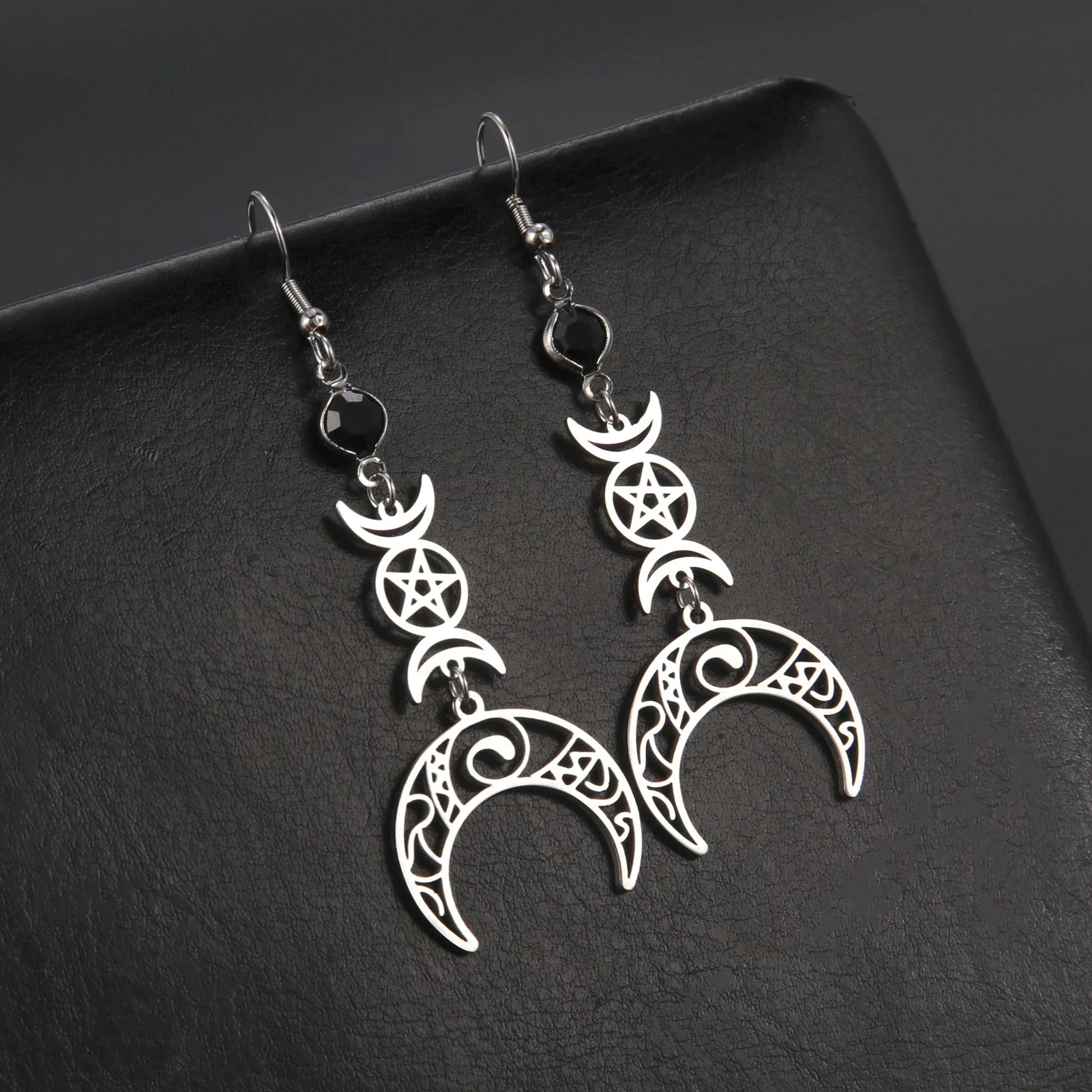 Aretes Colgantes Triple Luna Hechicería Wicca Mujer
