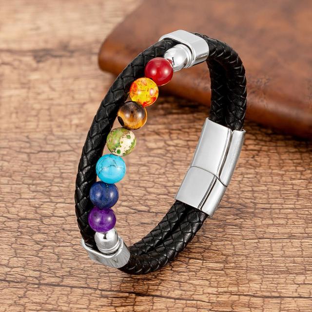 Pulsera 7 Chakras de Cuero para Hombre y Mujer plata
